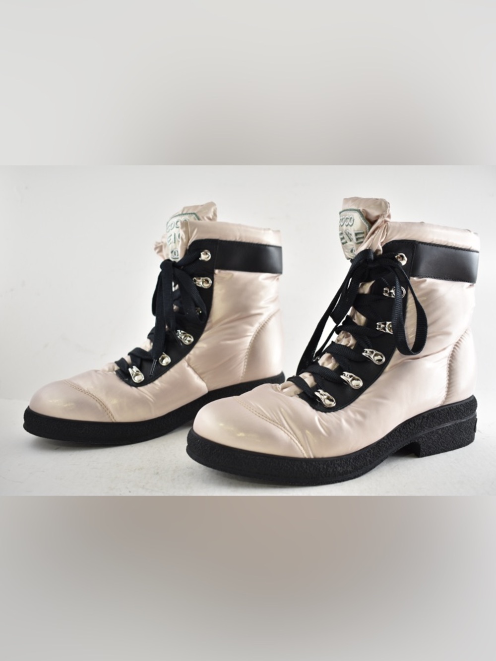 Chanel 18B Coco Neige Pink Black CC Logo Snow Winter Lace Up Tie Combat Boots 37 - Picture 12 of 16